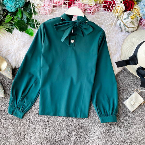 Стилна дамска риза с дълъг ръкав и завръзваща се яка в различни цветове