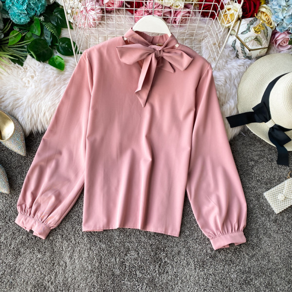 Стилна дамска риза с дълъг ръкав и завръзваща се яка в различни цветове