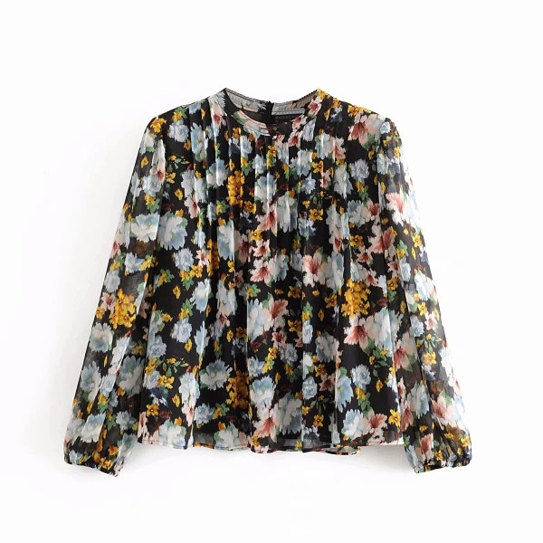 Широка дамска риза с овално деколте и дълъг ръкав в черен цвят с флорален десен