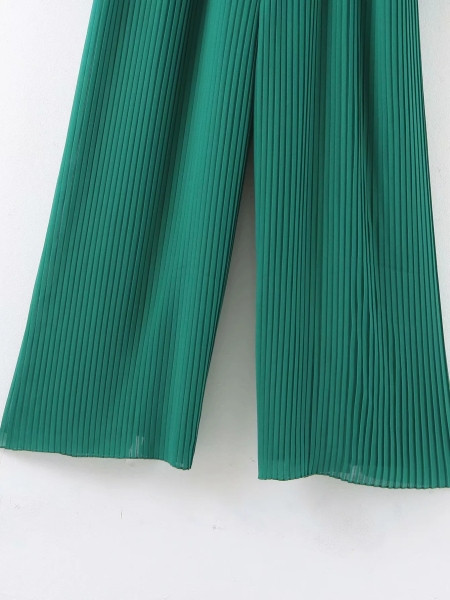 Модерен дамски плисиран гащеризон с колан в зелен цвят 