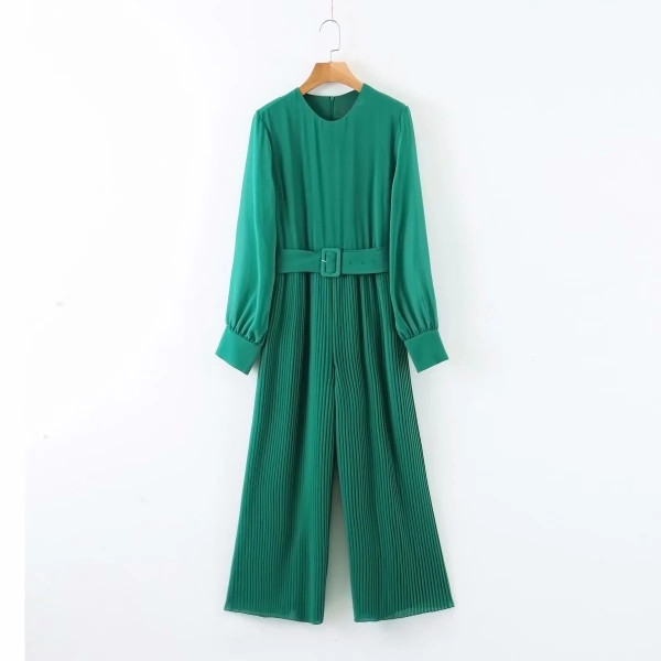 Модерен дамски плисиран гащеризон с колан в зелен цвят 