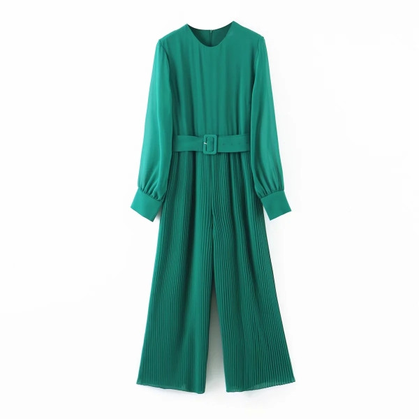 Модерен дамски плисиран гащеризон с колан в зелен цвят 