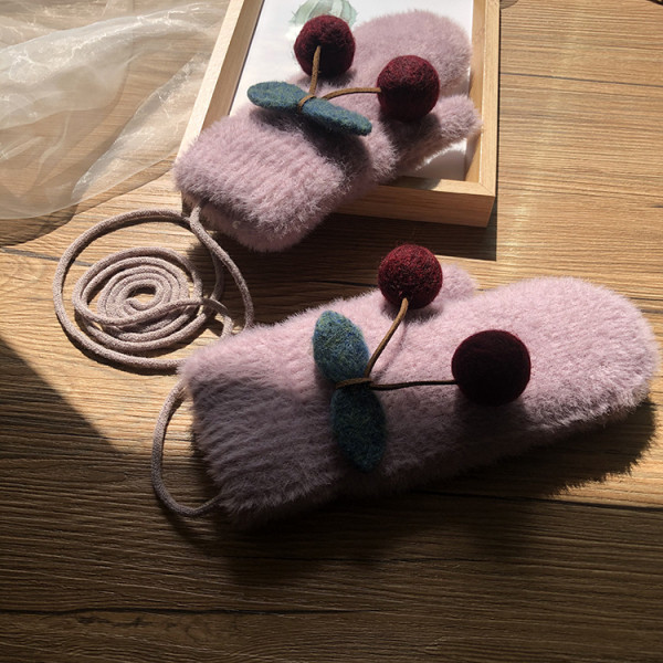 Moodsad naiste sõrmedeta sulekindad 3D kirsielemendi ja kaelasidemega