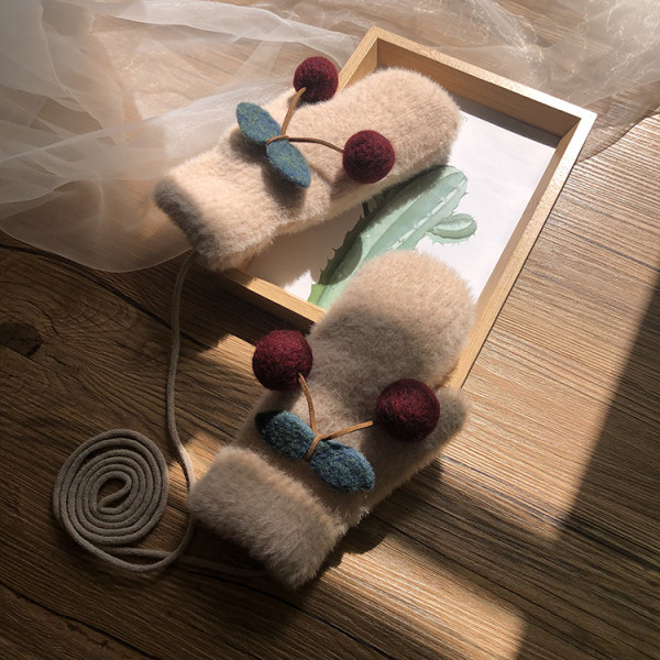 Moodsad naiste sõrmedeta sulekindad 3D kirsielemendi ja kaelasidemega