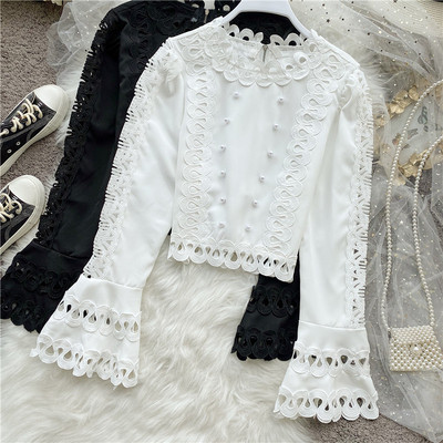 Стилна дамска къса блуза с лотос ръкав и перли в два цвята