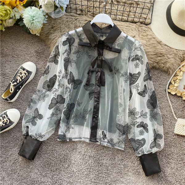 Нов модел прозрачна дамска риза с бродерия на пеперуди и класическа яка в три цвята