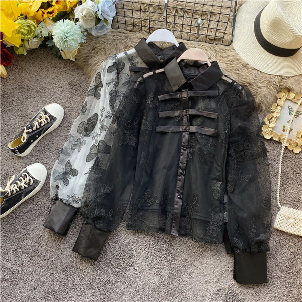 Нов модел прозрачна дамска риза с бродерия на пеперуди и класическа яка в три цвята