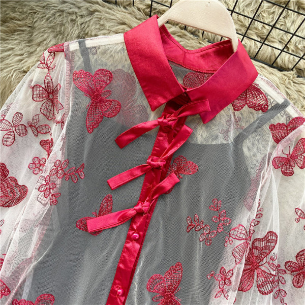 Нов модел прозрачна дамска риза с бродерия на пеперуди и класическа яка в три цвята