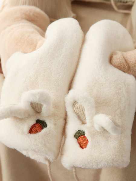 Pūkuotos vaikiškos pirštinės be pirštų su 3D elemento triušio ausytėmis ir morkų siuvinėjimais