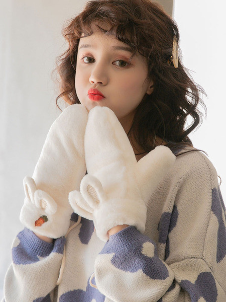 Pūkuotos vaikiškos pirštinės be pirštų su 3D elemento triušio ausytėmis ir morkų siuvinėjimais