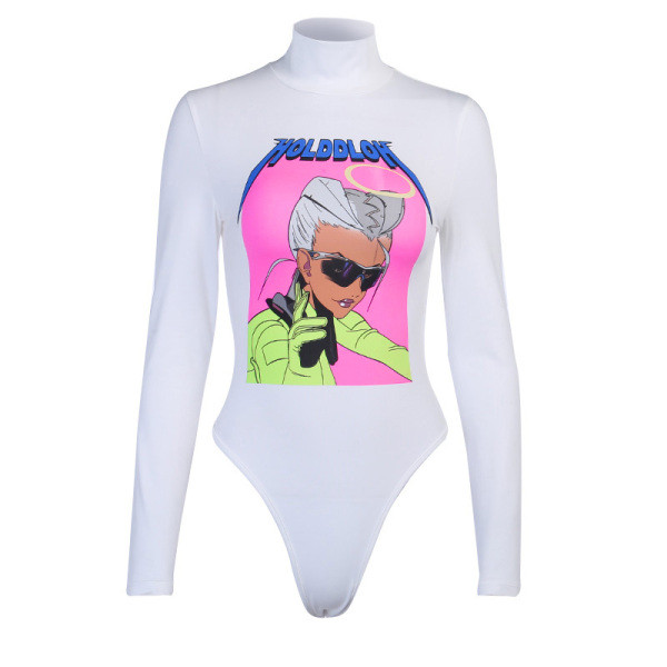 Ежедневно дамско боди с дълъг ръкав, висока яка и цветна апликация в бял цвят