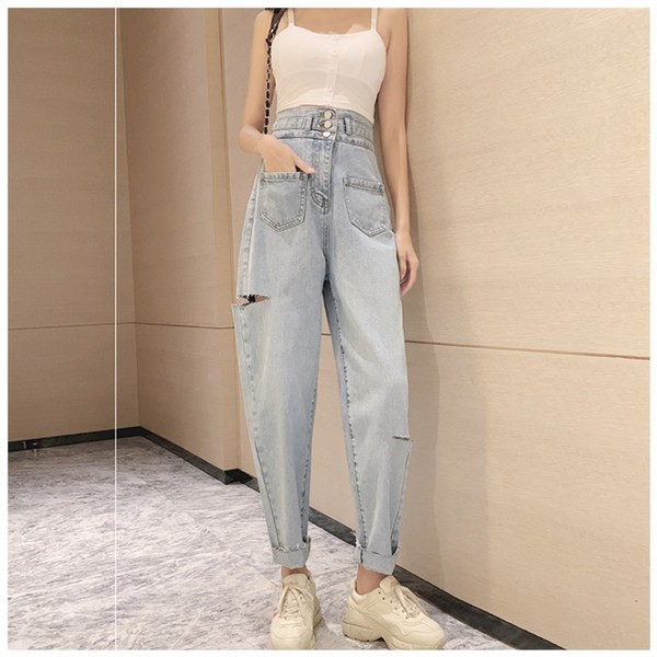 Модерни дънки с висока талия и скъсани мотиви в син цвят - широк модел