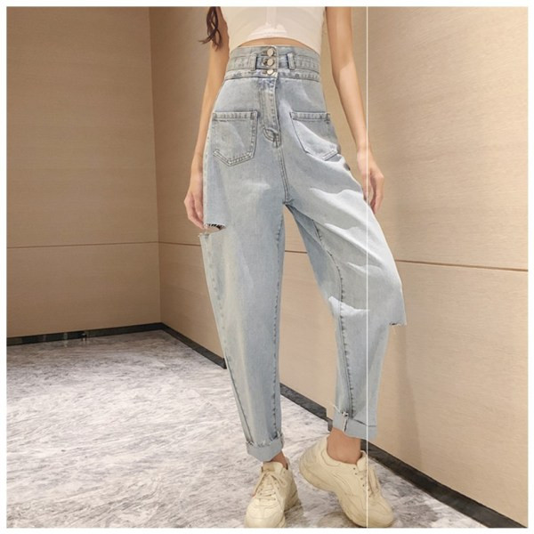 Модерни дънки с висока талия и скъсани мотиви в син цвят - широк модел