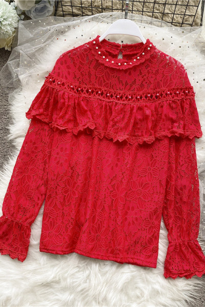 Модерна дамска риза с перли и дантела 