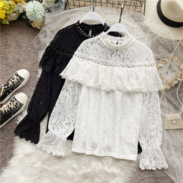 Модерна дамска риза с перли и дантела 