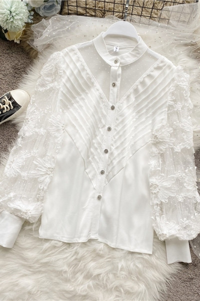Модерна дамска риза с копчета и дантела в два цвята