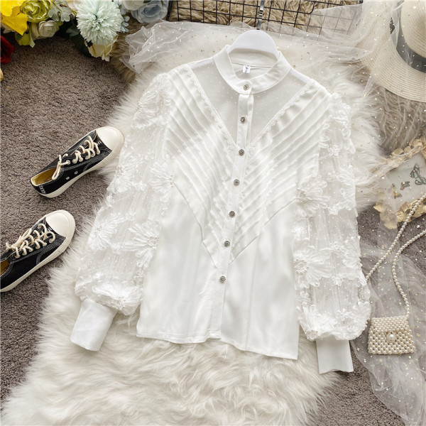 Модерна дамска риза с копчета и дантела в два цвята