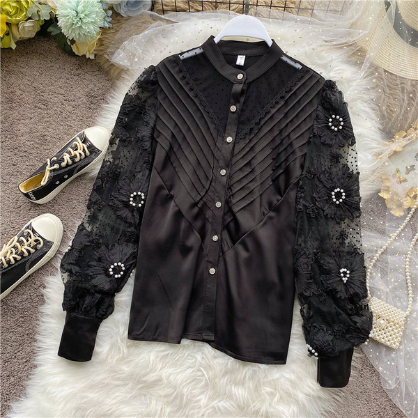 Модерна дамска риза с копчета и дантела в два цвята