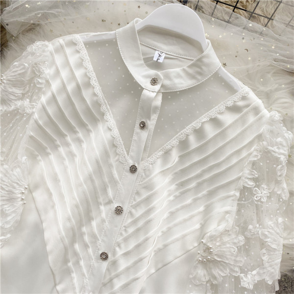 Модерна дамска риза с копчета и дантела в два цвята