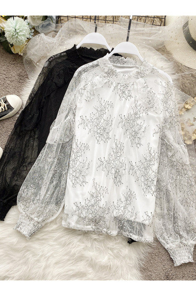 Модерна дамска риза с бродерия и дълъг широк ръкав в три цвята