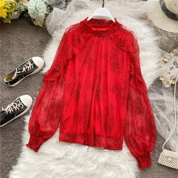 Модерна дамска риза с бродерия и дълъг широк ръкав в три цвята