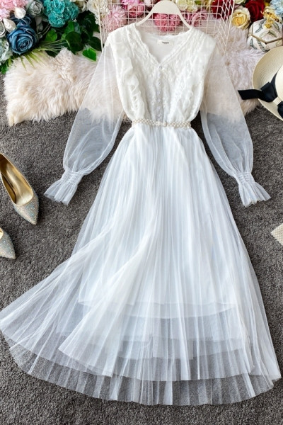 Модерна дамска дълга роля с ръкави от тюл и колан в три цвята