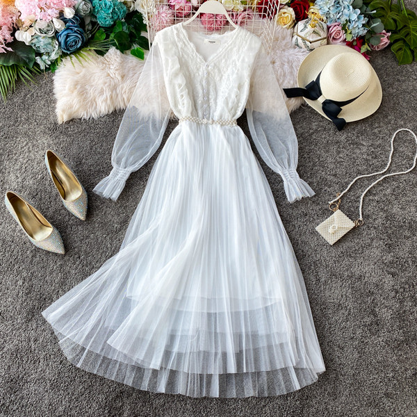 Модерна дамска дълга роля с ръкави от тюл и колан в три цвята