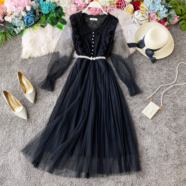 Модерна дамска дълга роля с ръкави от тюл и колан в три цвята