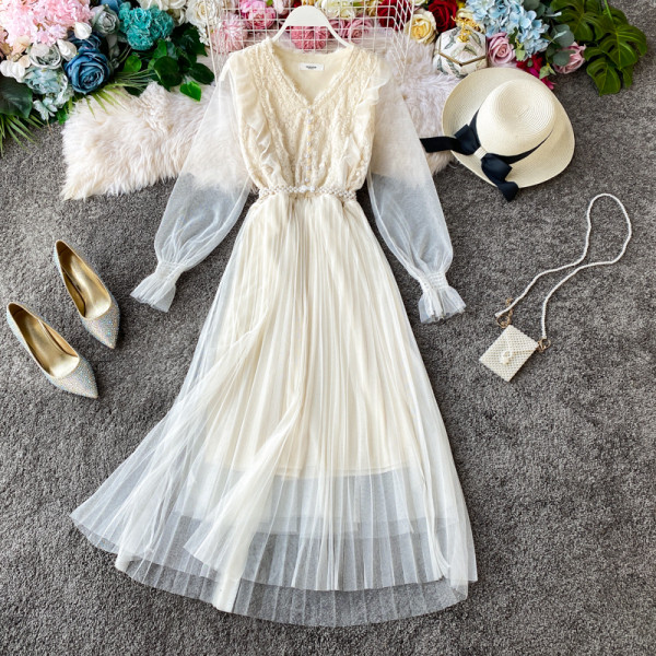 Модерна дамска дълга роля с ръкави от тюл и колан в три цвята