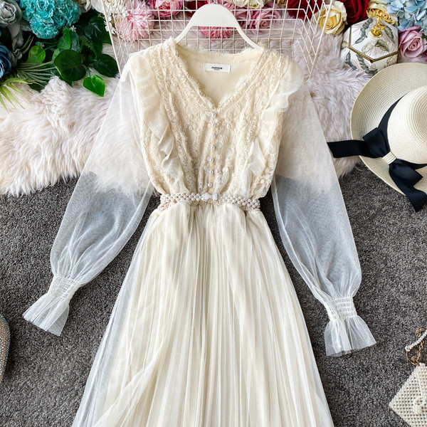 Модерна дамска дълга роля с ръкави от тюл и колан в три цвята