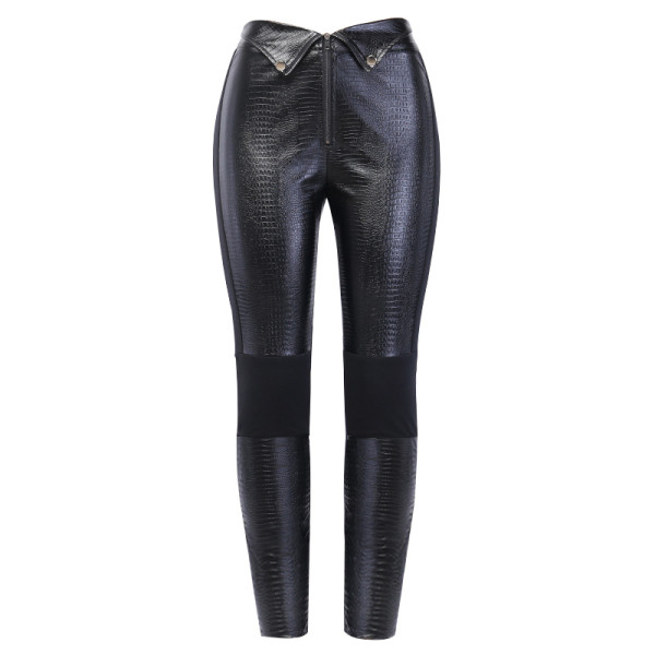 Нов модел дамски панталон имитиращ крокодилска кожа с цип в черен цвят