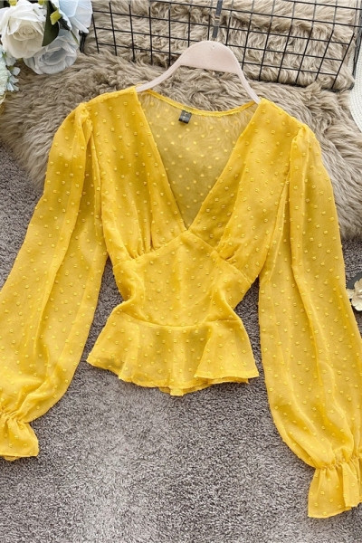 Дамска шифонена риза с шпиц деколте и дълъг ръкав в шест цвята