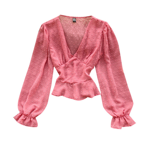 Дамска шифонена риза с шпиц деколте и дълъг ръкав в шест цвята