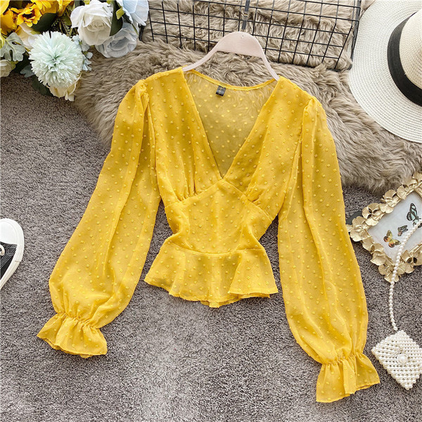 Дамска шифонена риза с шпиц деколте и дълъг ръкав в шест цвята