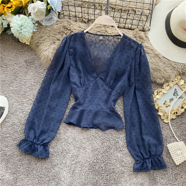 Дамска шифонена риза с шпиц деколте и дълъг ръкав в шест цвята