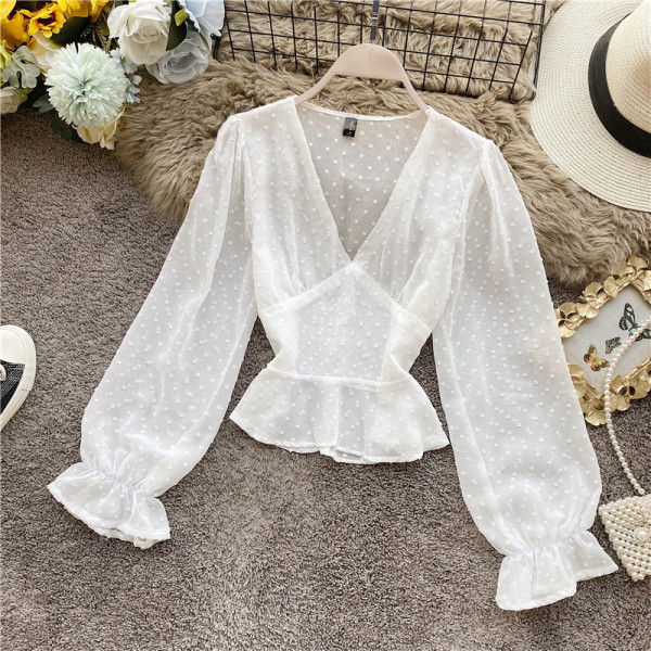 Дамска шифонена риза с шпиц деколте и дълъг ръкав в шест цвята