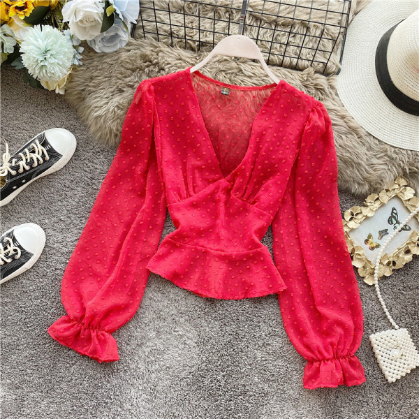 Дамска шифонена риза с шпиц деколте и дълъг ръкав в шест цвята