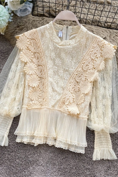 Модерна дамска дантелена риза с цип на гърба и овално деколте в три цвята