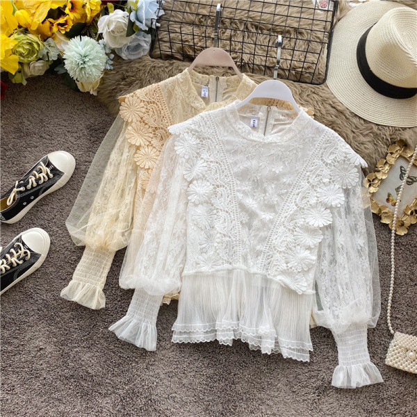 Модерна дамска дантелена риза с цип на гърба и овално деколте в три цвята