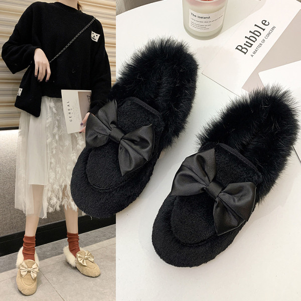 Ежедневни дамски обувки с панделка и пух в черен и бежов цвят 