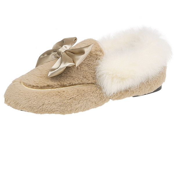 Ежедневни дамски обувки с панделка и пух в черен и бежов цвят 