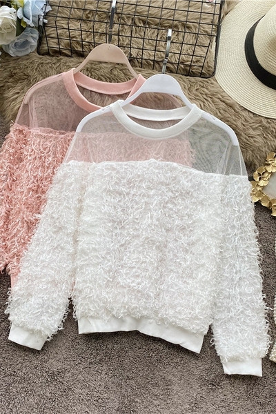 Дамска шифонена риза с овално деколте и тюл 