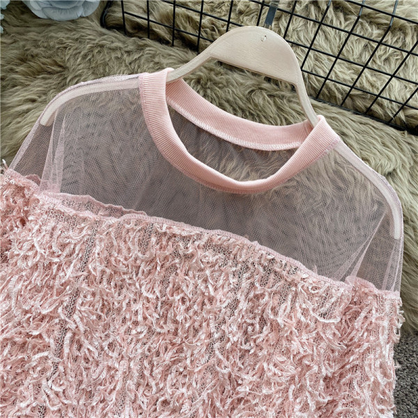 Дамска шифонена риза с овално деколте и тюл 