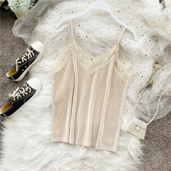 Дамски потник с тънки презрамки и дантела в няколко цвята