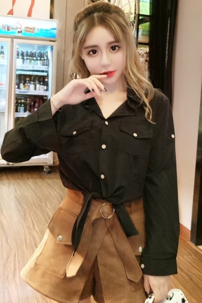 Нов модел къса дамска риза с връзки на талията и копчета в черен цвят