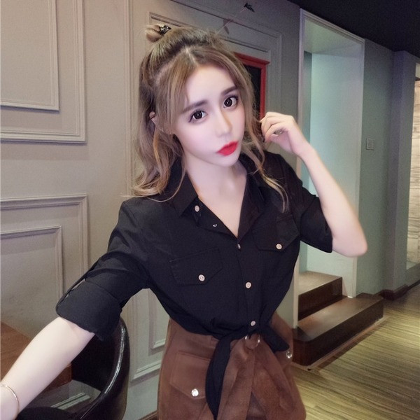 Нов модел къса дамска риза с връзки на талията и копчета в черен цвят