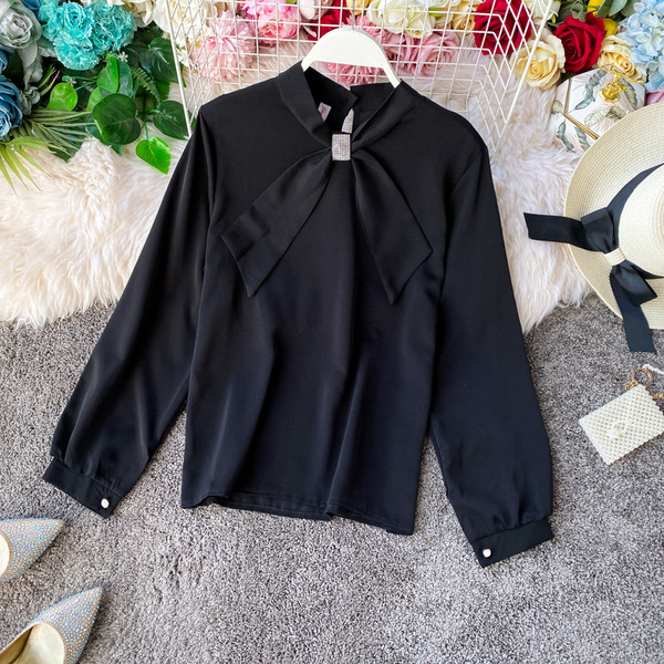 Дамска риза с панделка и дълъг ръкав в различни цветове