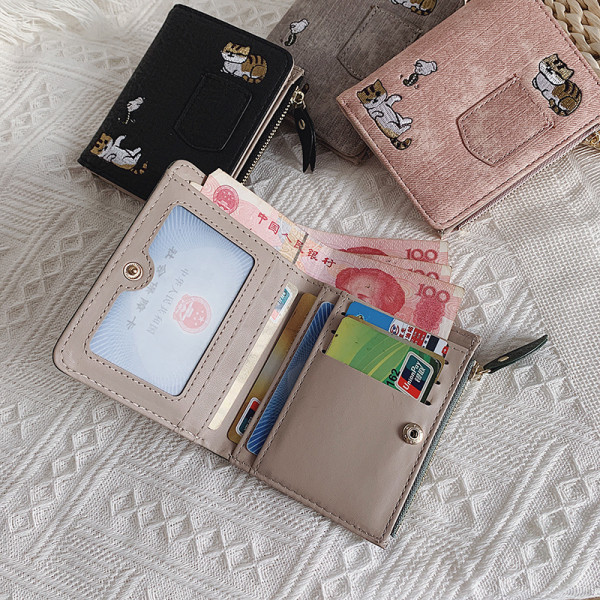 Малко дамско портмоне с бродерия котки в четири цвята 