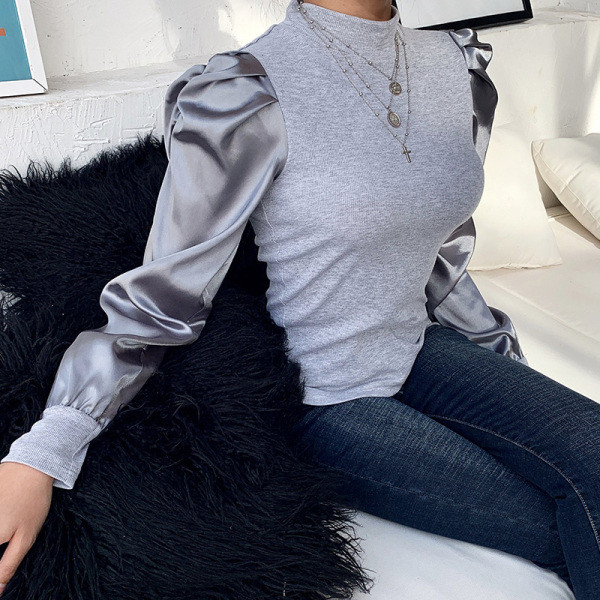 Καθημερινή γυναικεία μπλούζα με ψηλό γιακά και σατέν μανίκια σε δύο χρώματα