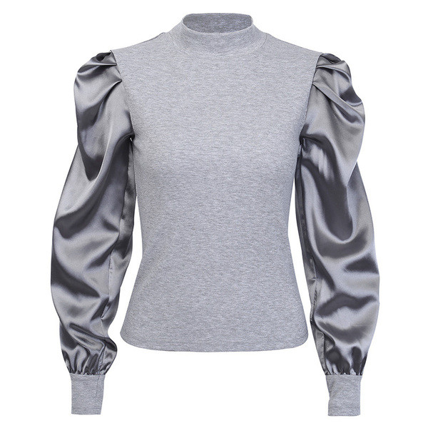 Καθημερινή γυναικεία μπλούζα με ψηλό γιακά και σατέν μανίκια σε δύο χρώματα